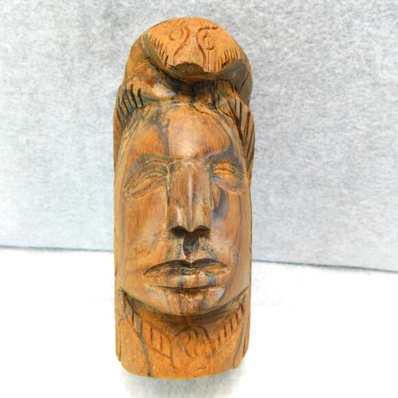 Vintage Carved Solid Wood Indian Native American Head Sculpture - Picture 6 of 8